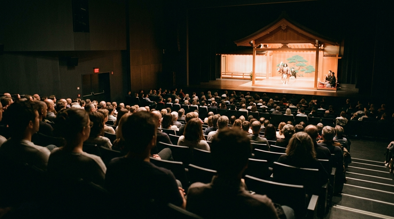 Público en un teatro contemporáneo contemplando una función de nō, el nō en el siglo XXI