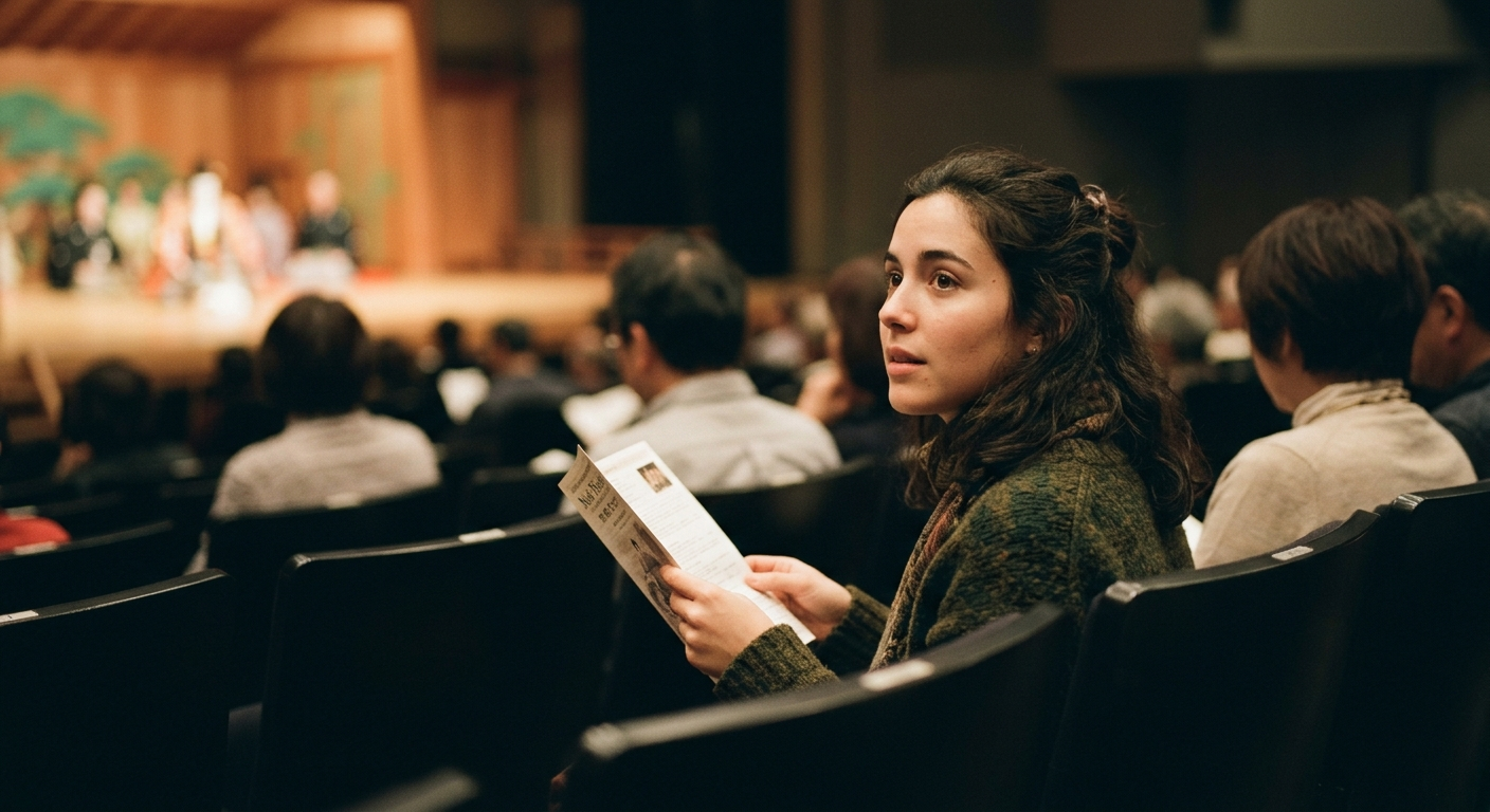 Joven visitante hispanohablante disfrutando de una función de nō en el teatro, cómo experimentar el nō y el kyōgen