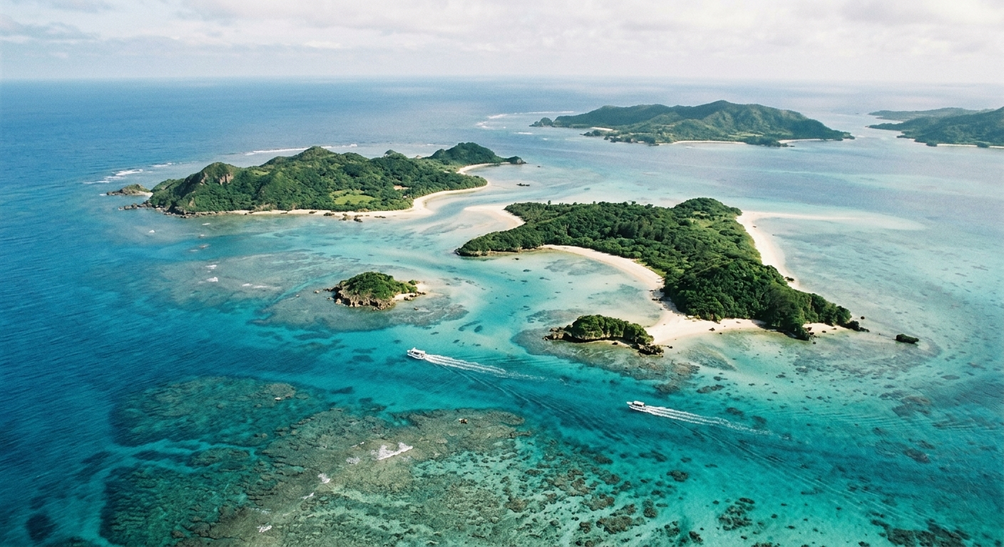 Vista aérea del archipiélago Ryūkyū con aguas turquesas y arrecifes de coral, el archipiélago subtropical del Japón
