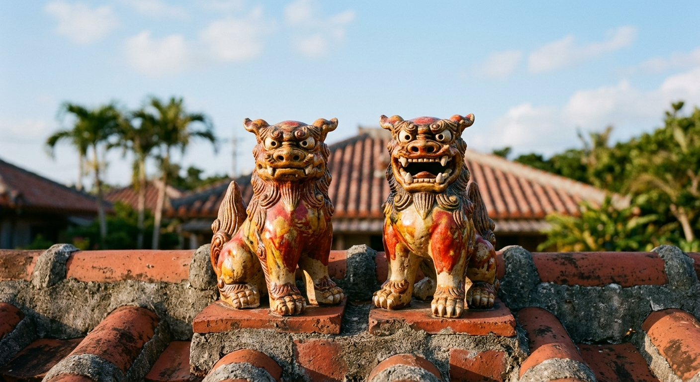 Estatuas guardianas shisa sobre un tejado de tejas rojas en Okinawa, la cultura okinawense diferente del Japón continental