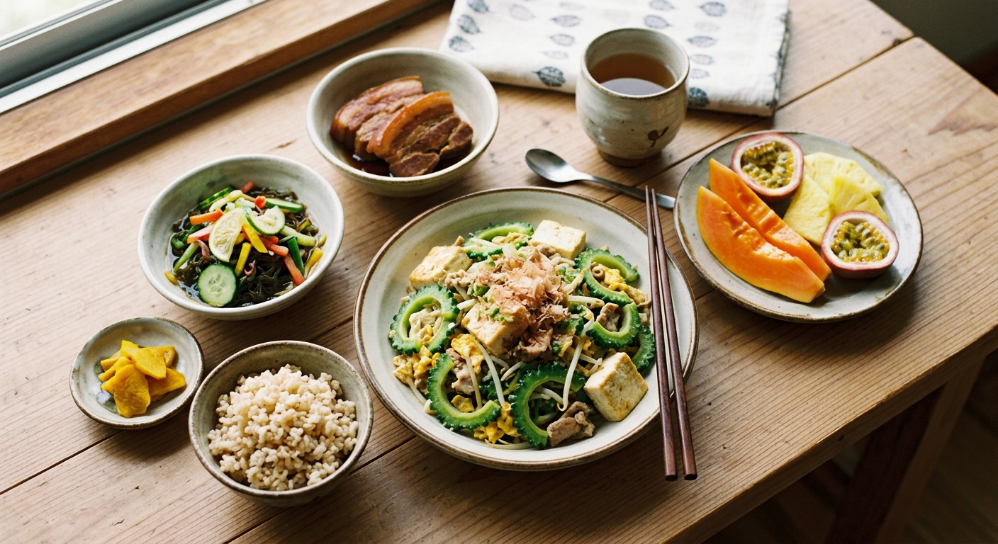 Plato de chanpurū okinawense con verduras frescas, la comida okinawense: el secreto de la longevidad