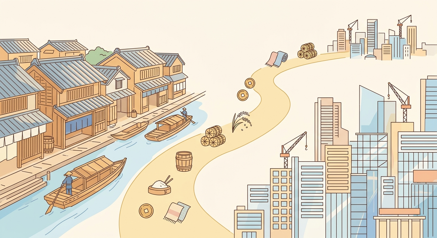 Ilustración minimalista de los cuatrocientos años de Osaka como motor económico, geografía e historia