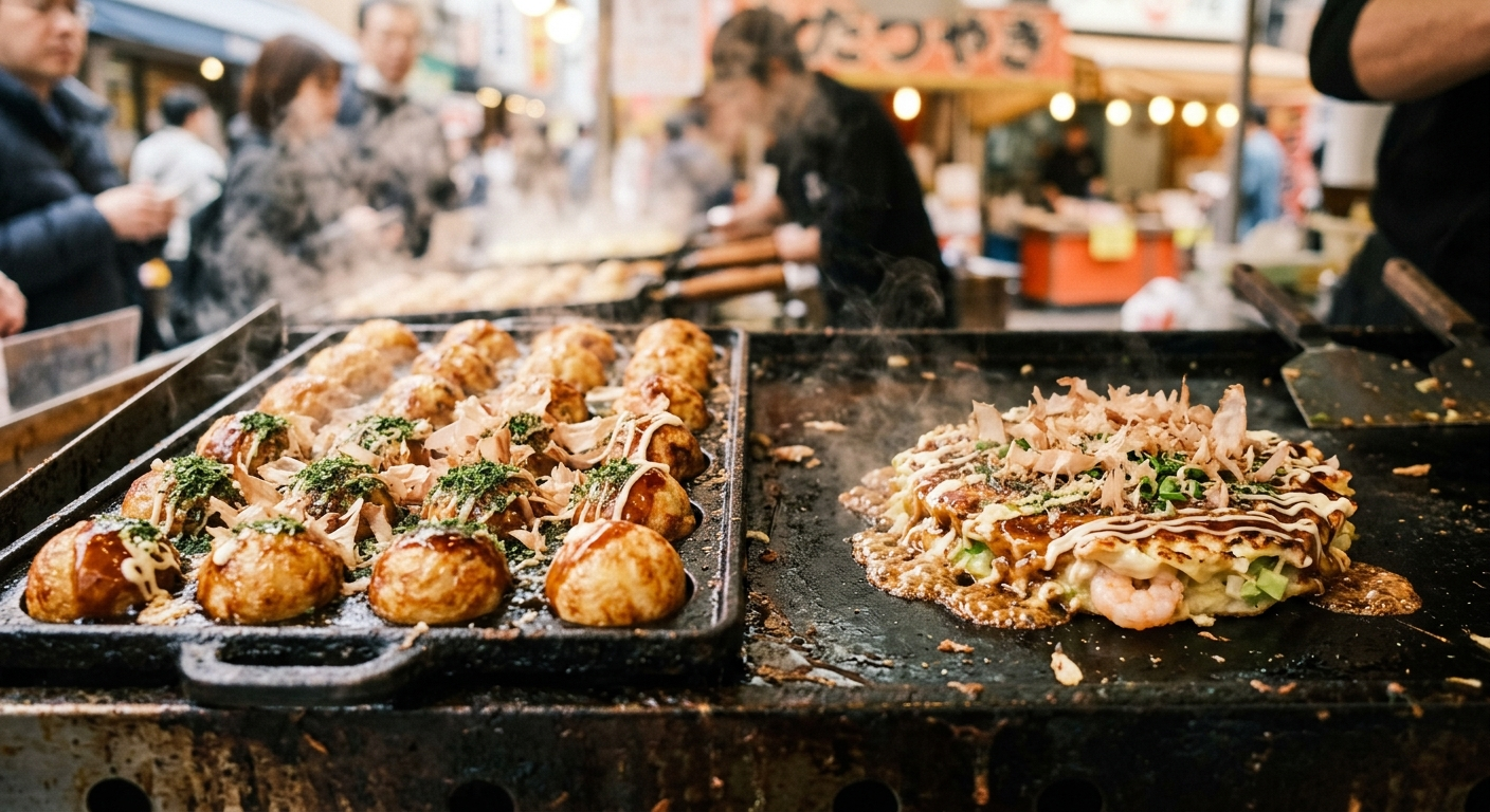 Takoyaki y okonomiyaki recién hechos en un puesto de Osaka, Tenka no Daidokoro: la capital culinaria