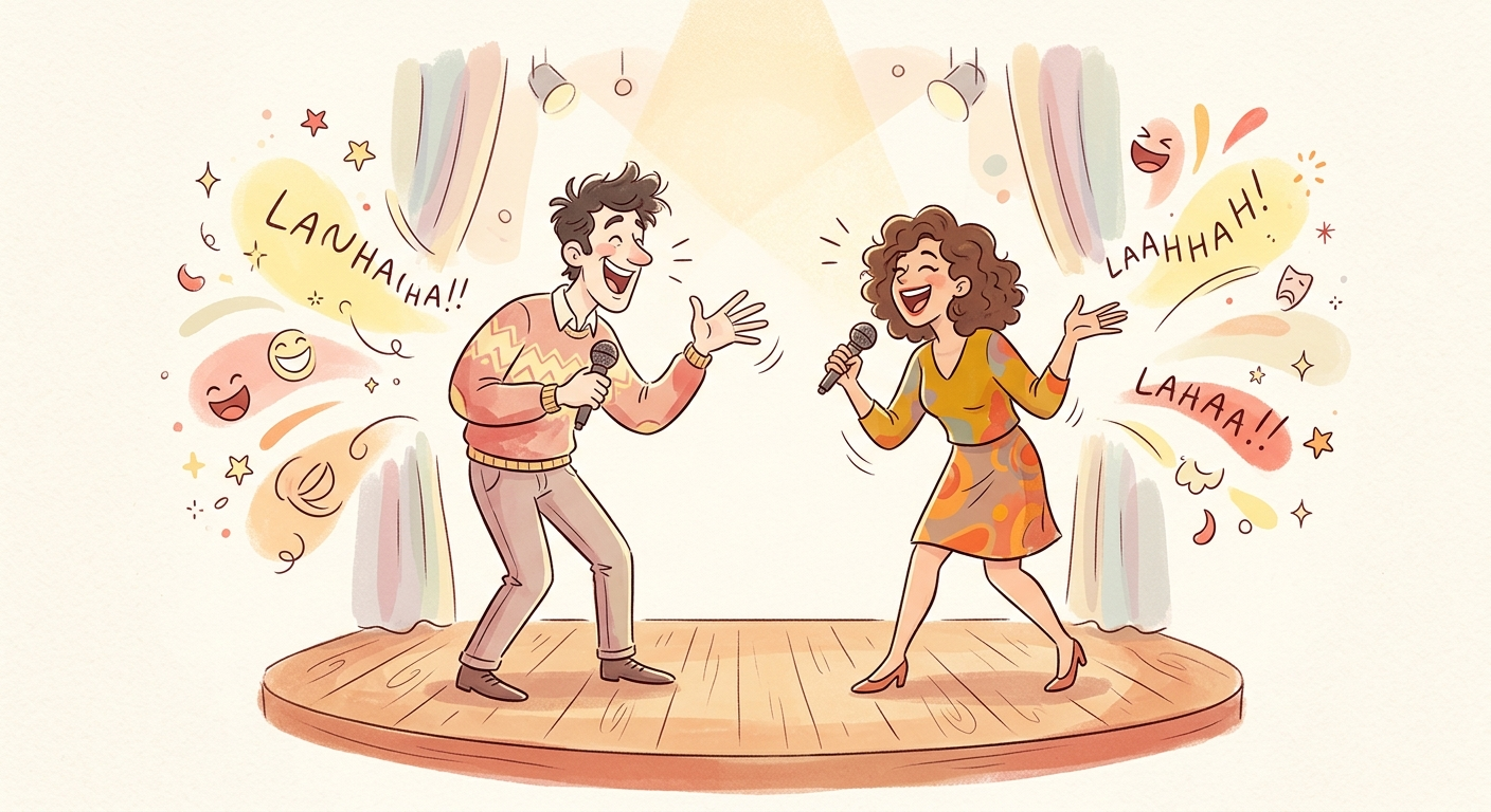 Ilustración minimalista de dos cómicos de manzai sobre un escenario, la capital de la risa: el corazón del humor japonés