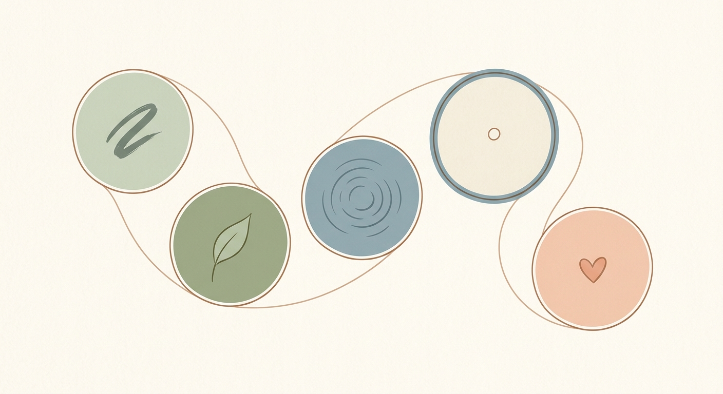 Ilustración minimalista de cinco círculos conectados que representan los principios de las artes tradicionales japonesas