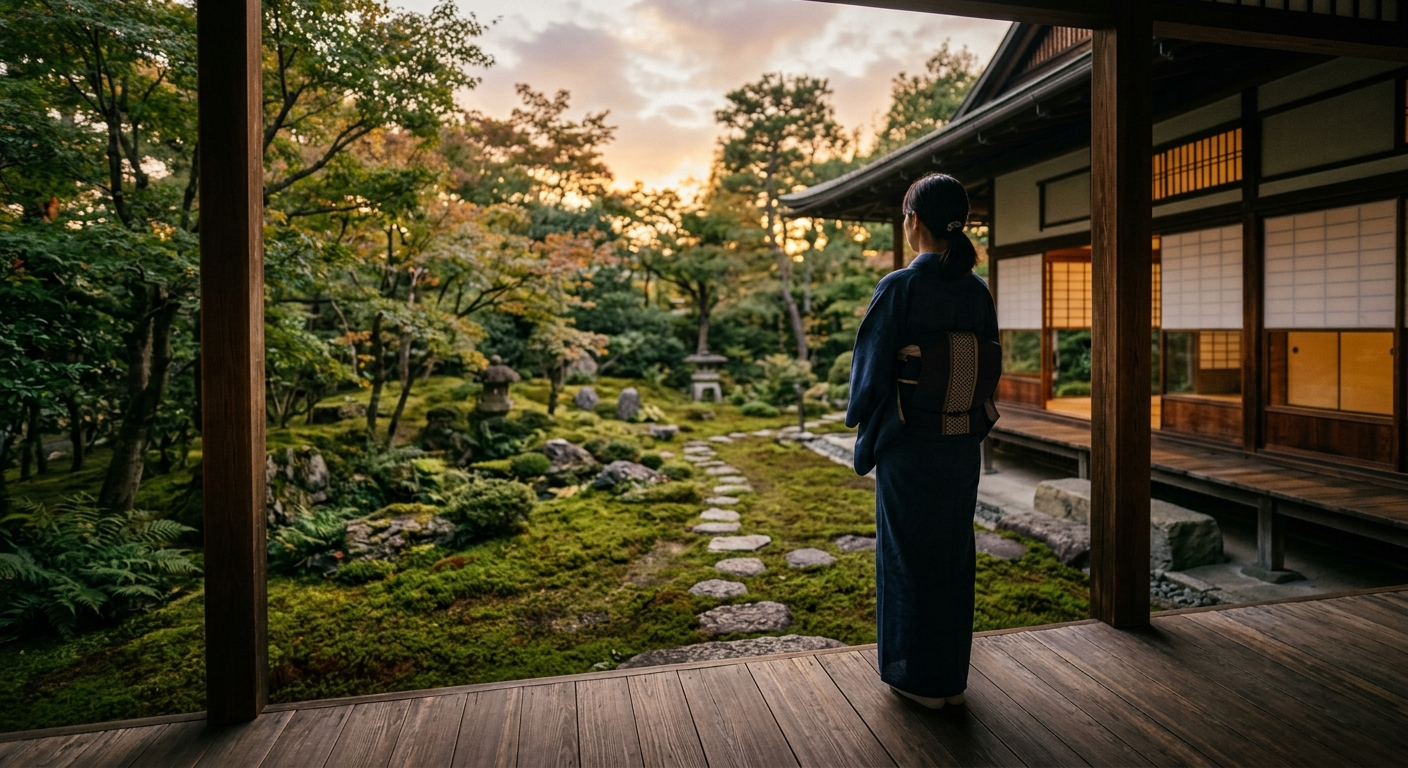 Figura contemplando un jardín de musgo japonés al atardecer desde una veranda de madera, el alma de Japón