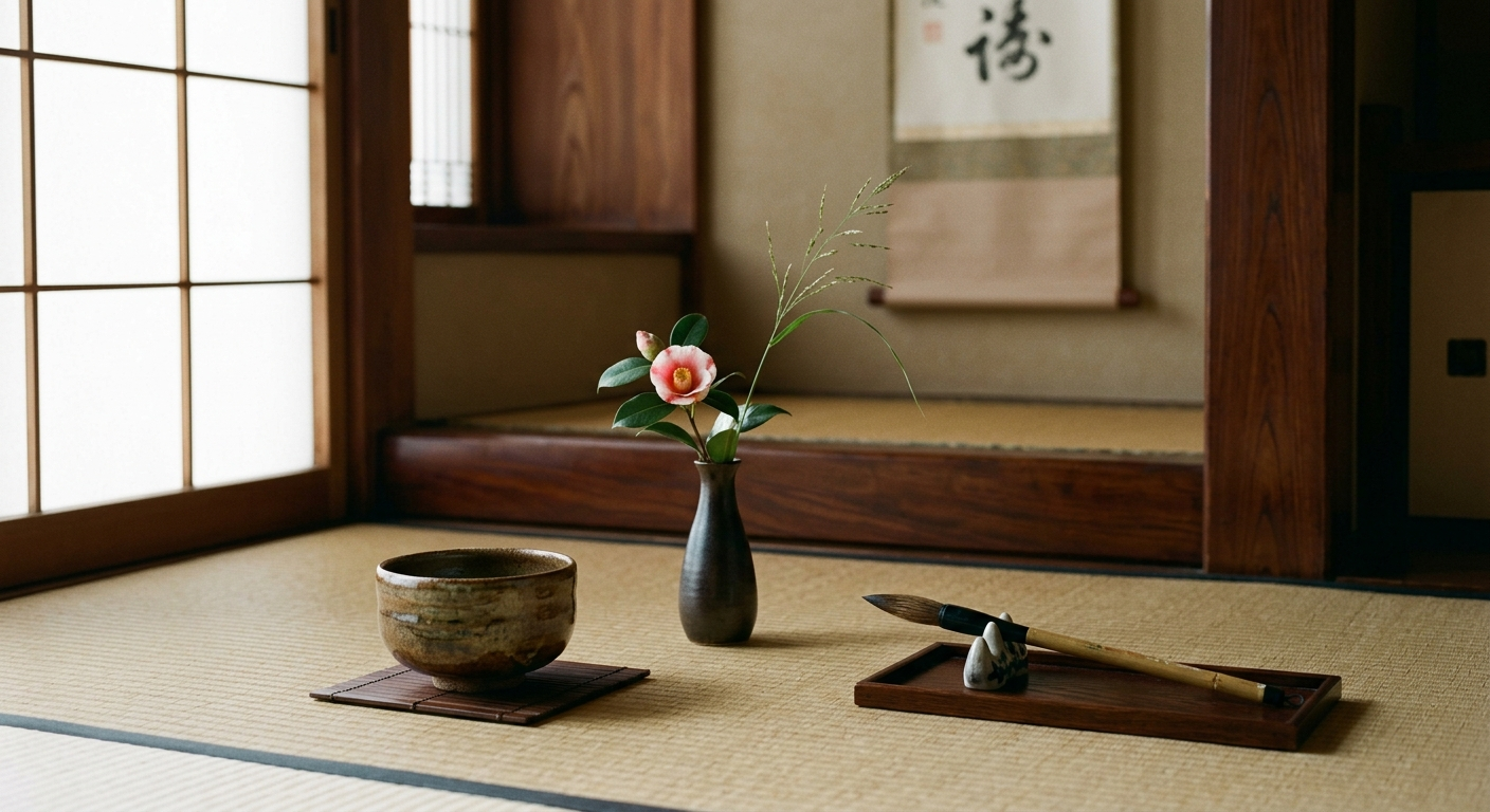 Tazón de té, arreglo floral y pincel de caligrafía juntos en una sala tradicional japonesa, las tres vías del refinamiento