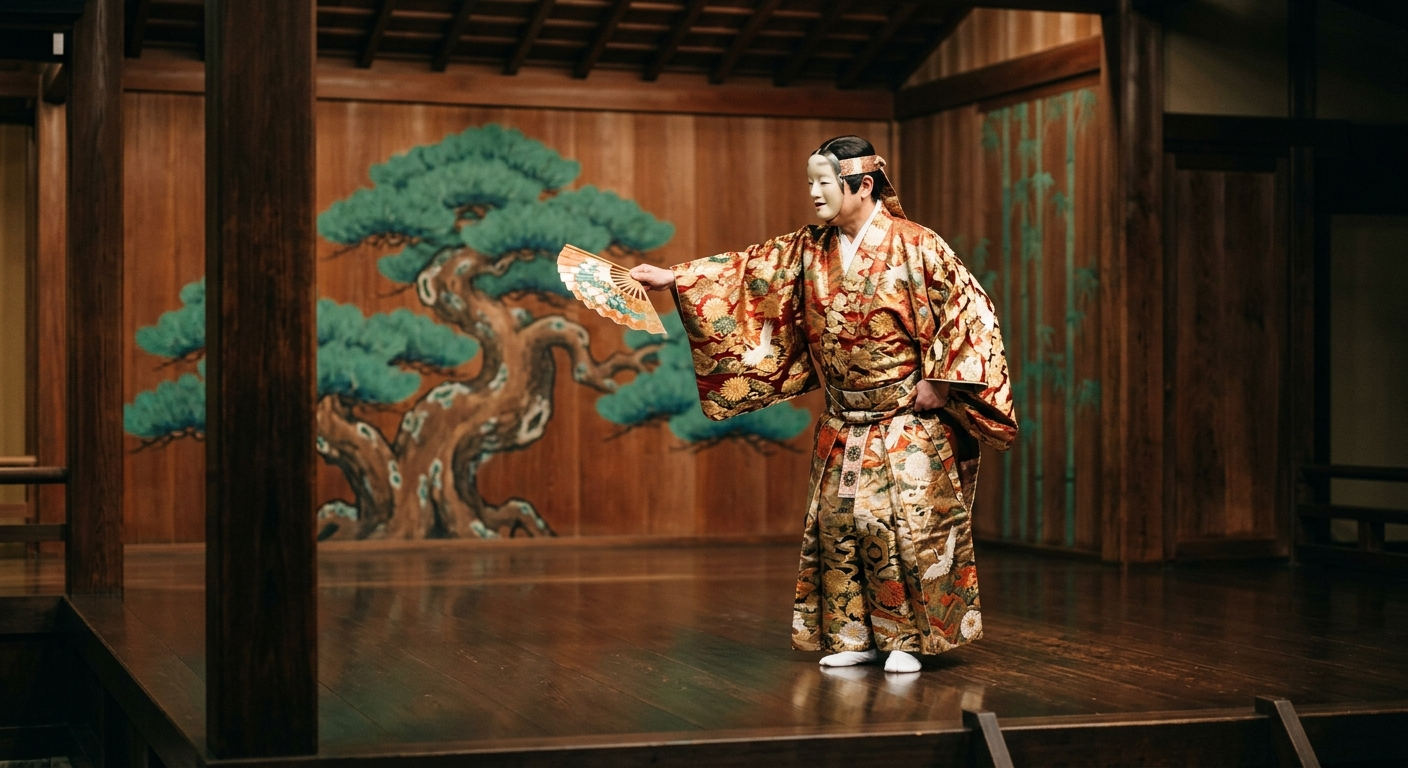 Artista de teatro clásico japonés sobre un escenario tradicional de madera con fondo de pino pintado