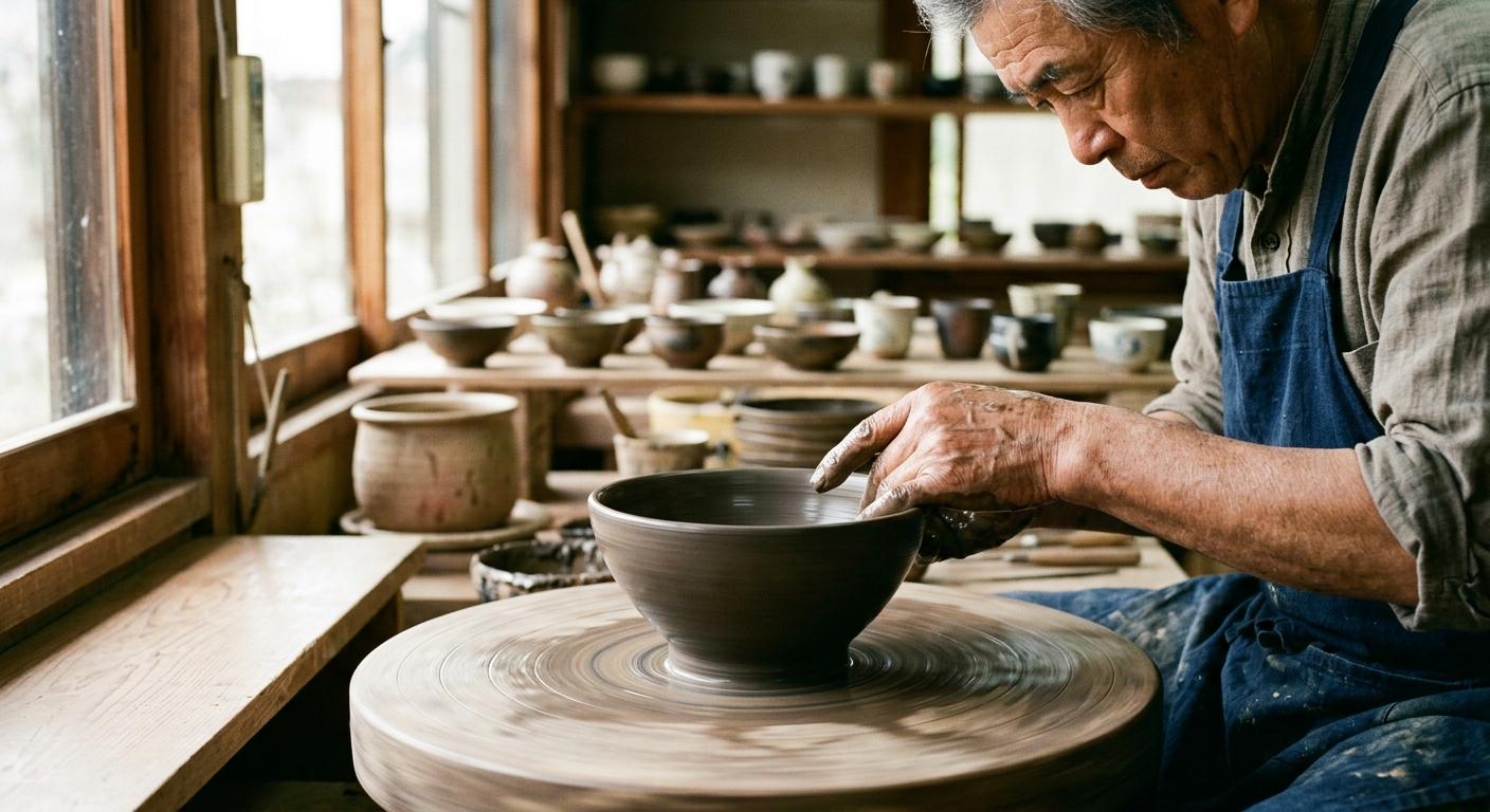 Manos de un artesano japonés moldeando un cuenco de cerámica en el torno, artesanía que perdura siglos