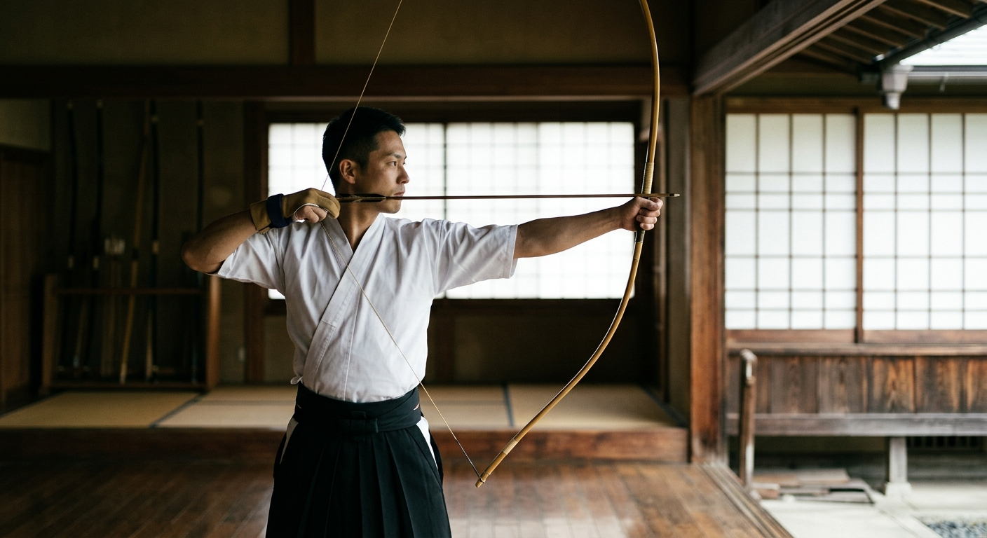 Arquero japonés de kyudo tensando el arco en profunda concentración, el camino del guerrero budō