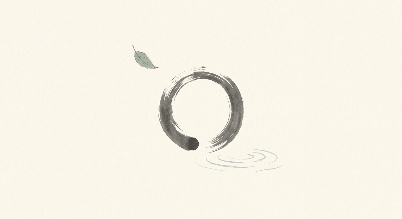 Ilustración minimalista de un círculo ensō zen rodeado de espacio vacío, la estética del vacío japonés