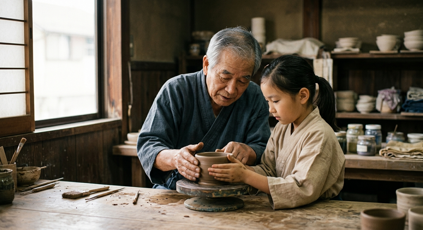 Maestro japonés mayor enseñando una técnica tradicional a un joven aprendiz, la transmisión del patrimonio cultural