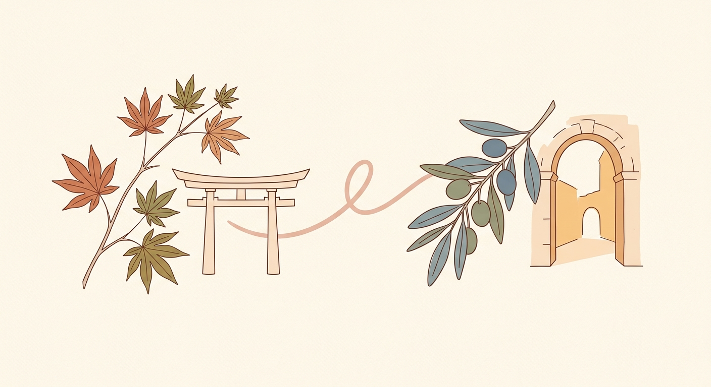 Ilustración minimalista comparando motivos culturales japoneses e hispanos, dos formas de honrar las tradiciones