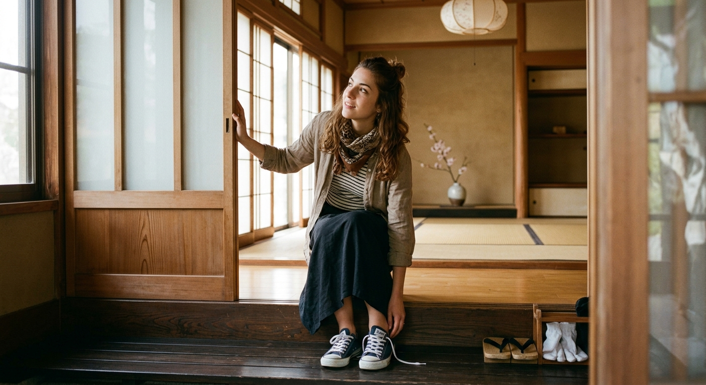 Joven visitante hispanohablante entrando en un espacio cultural tradicional japonés, el comienzo de un viaje cultural