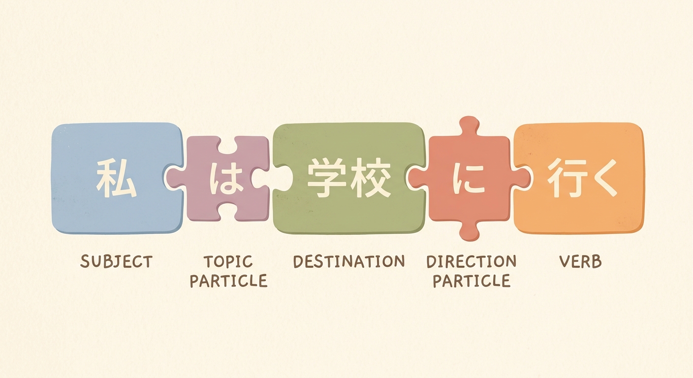 Ilustración de estructura de oración japonesa con partículas como piezas de puzzle
