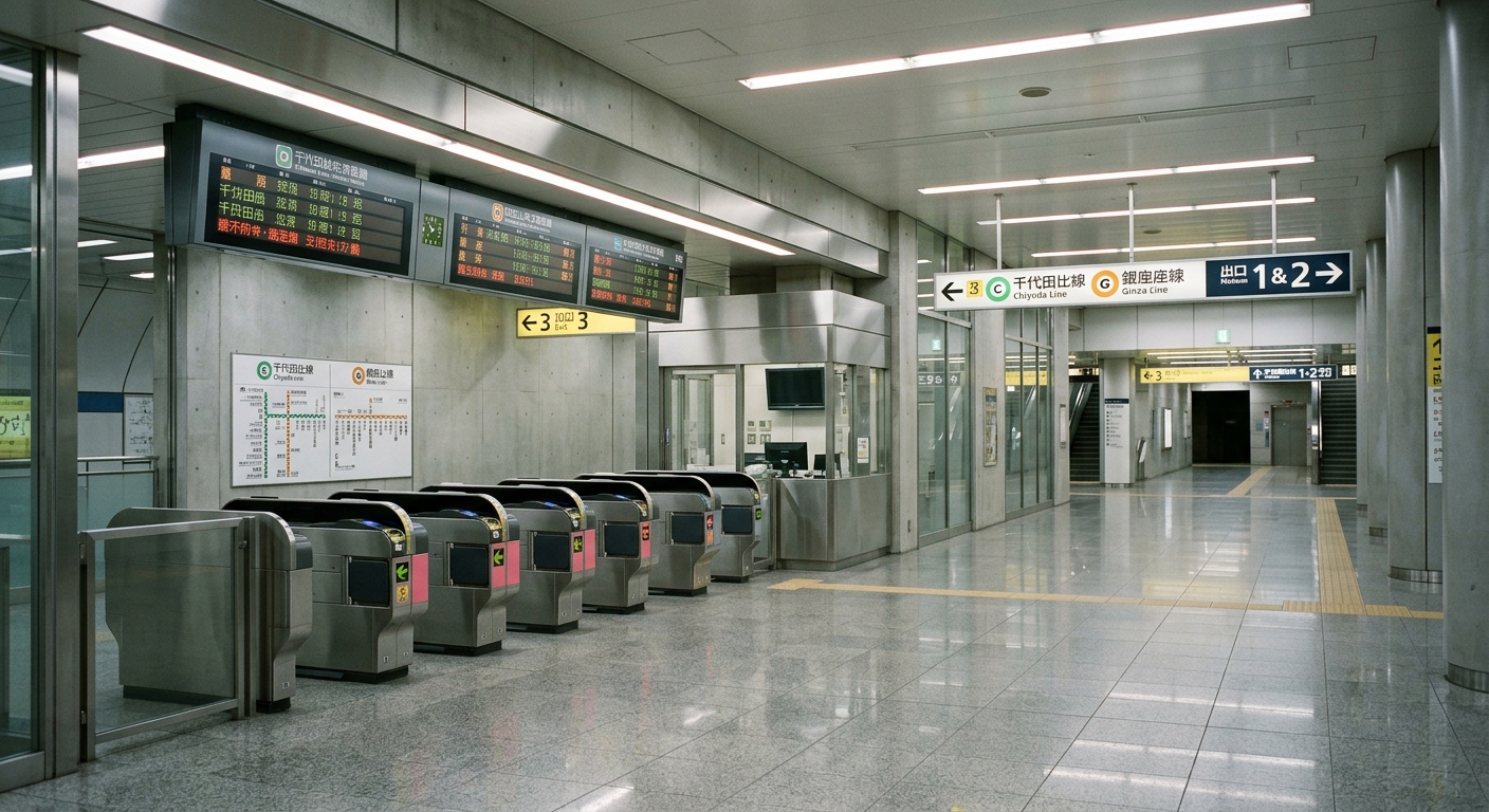 Interior moderno de estación de Metro de Tokio con puertas de acceso e información digital