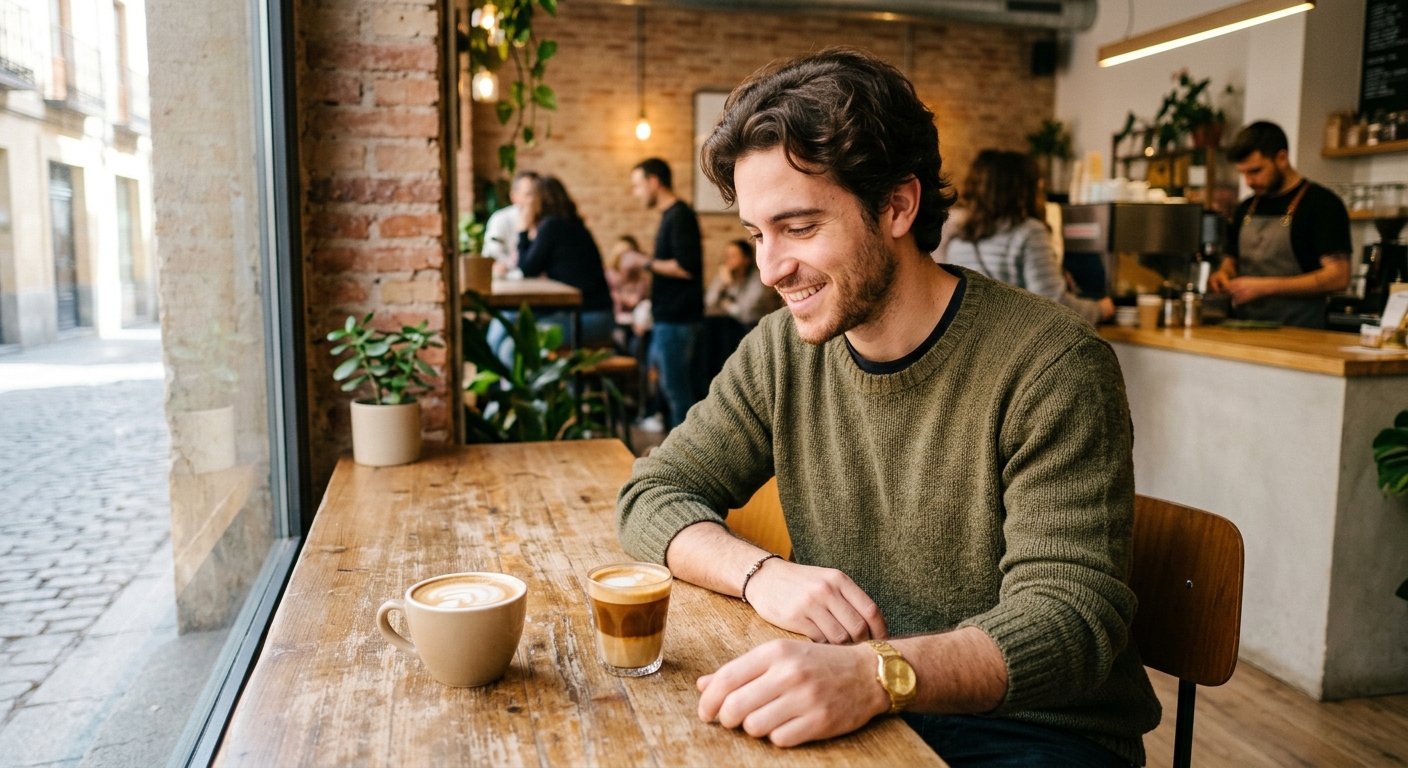 Joven castellano en un café moderno eligiendo entre dos tazas con expresión pensativa