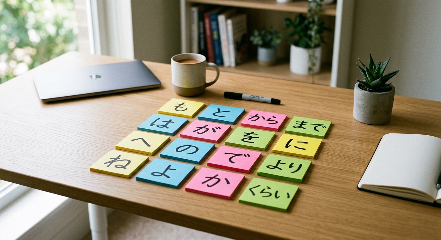 Notas adhesivas de colores con partículas japonesas escritas sobre un escritorio moderno