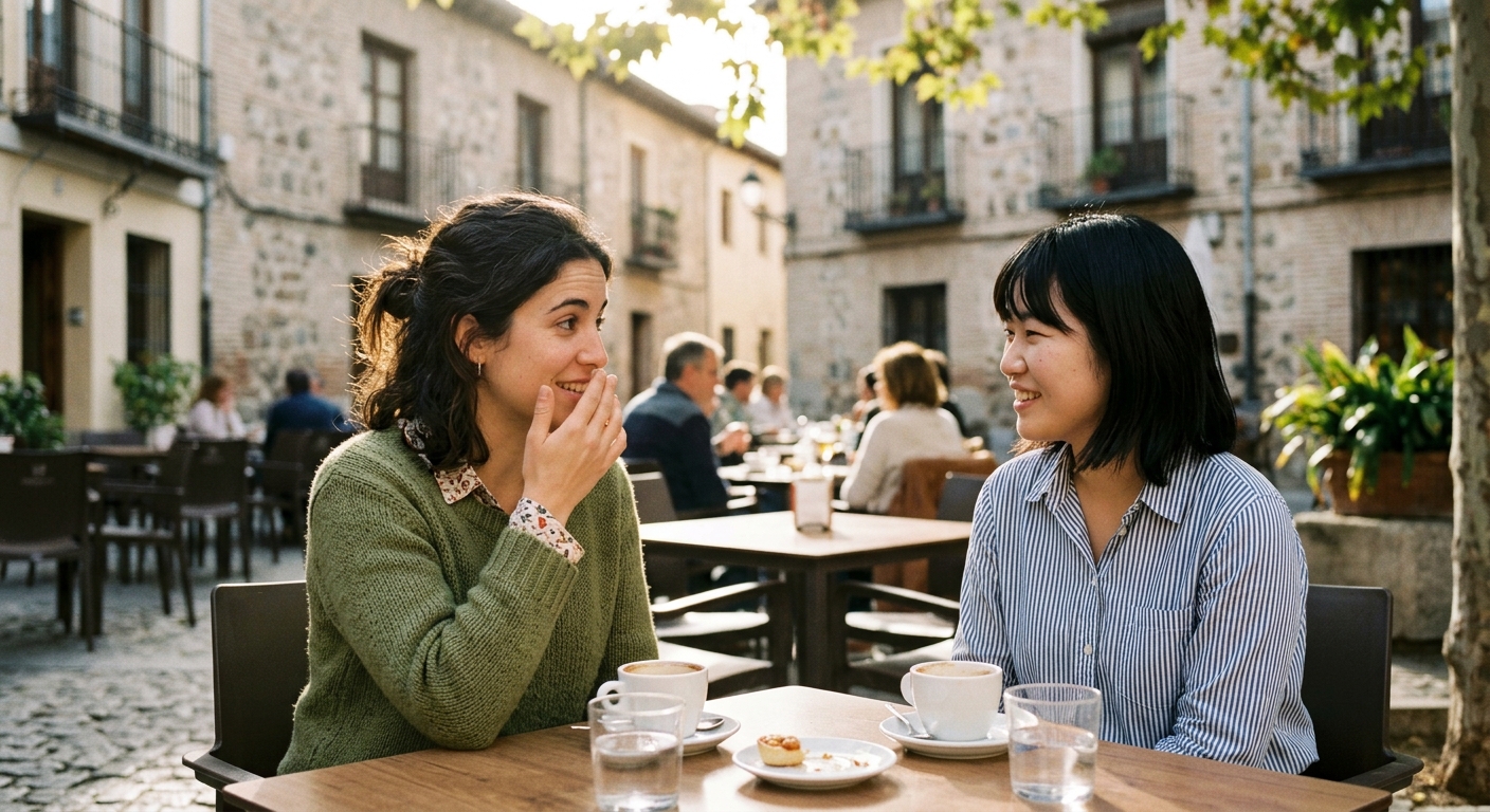 Joven castellana corrigiéndose a sí misma en una conversación con amiga japonesa en terraza