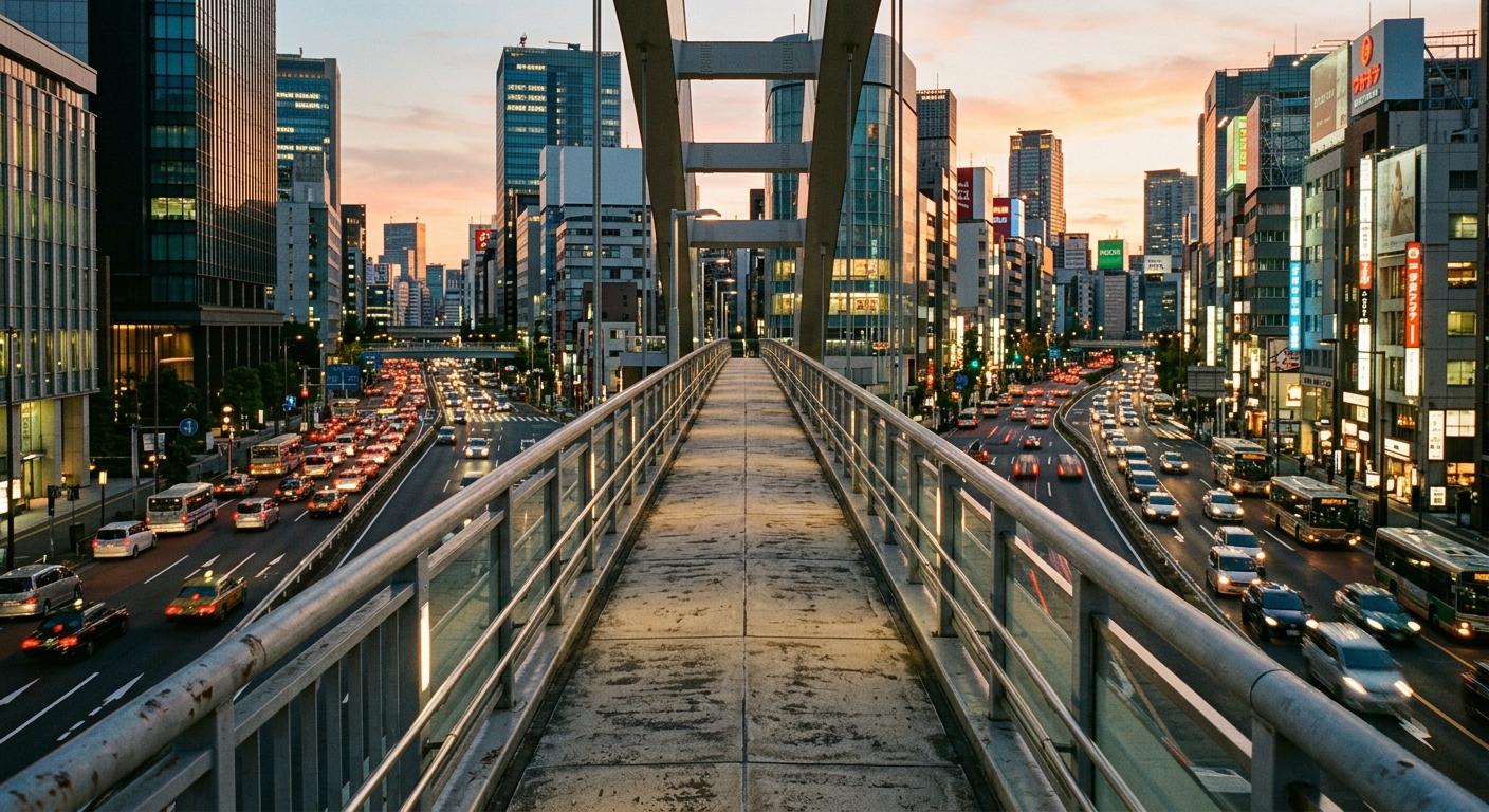 Pasarela peatonal moderna de Tokio al atardecer con vista a la ciudad