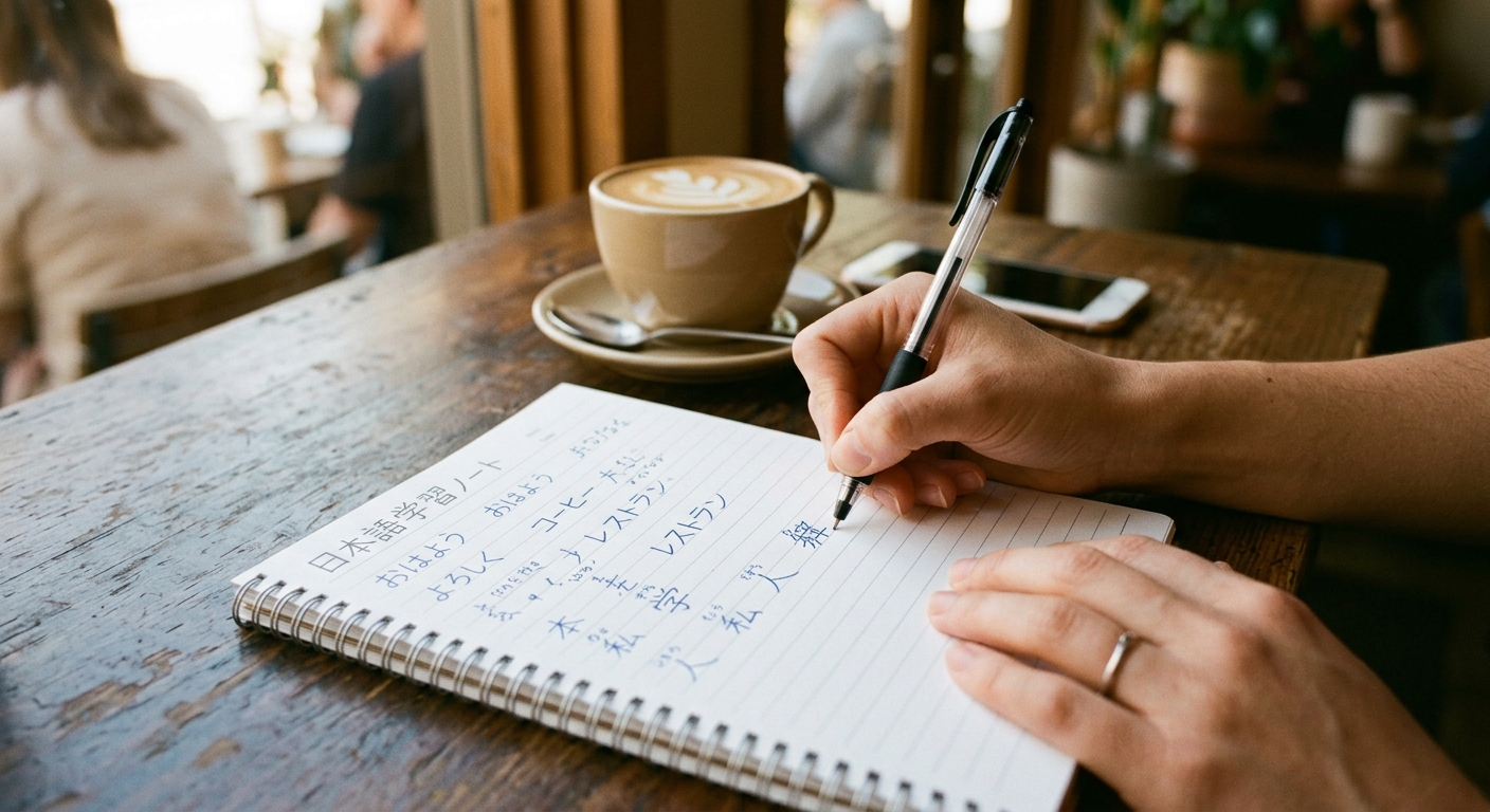 Manos escribiendo notas de japonés en un cuaderno en una cafetería