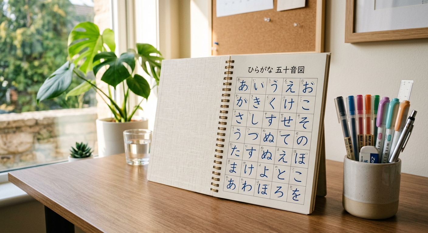 Cuaderno de práctica de hiragana con tabla gojuon bellamente escrita