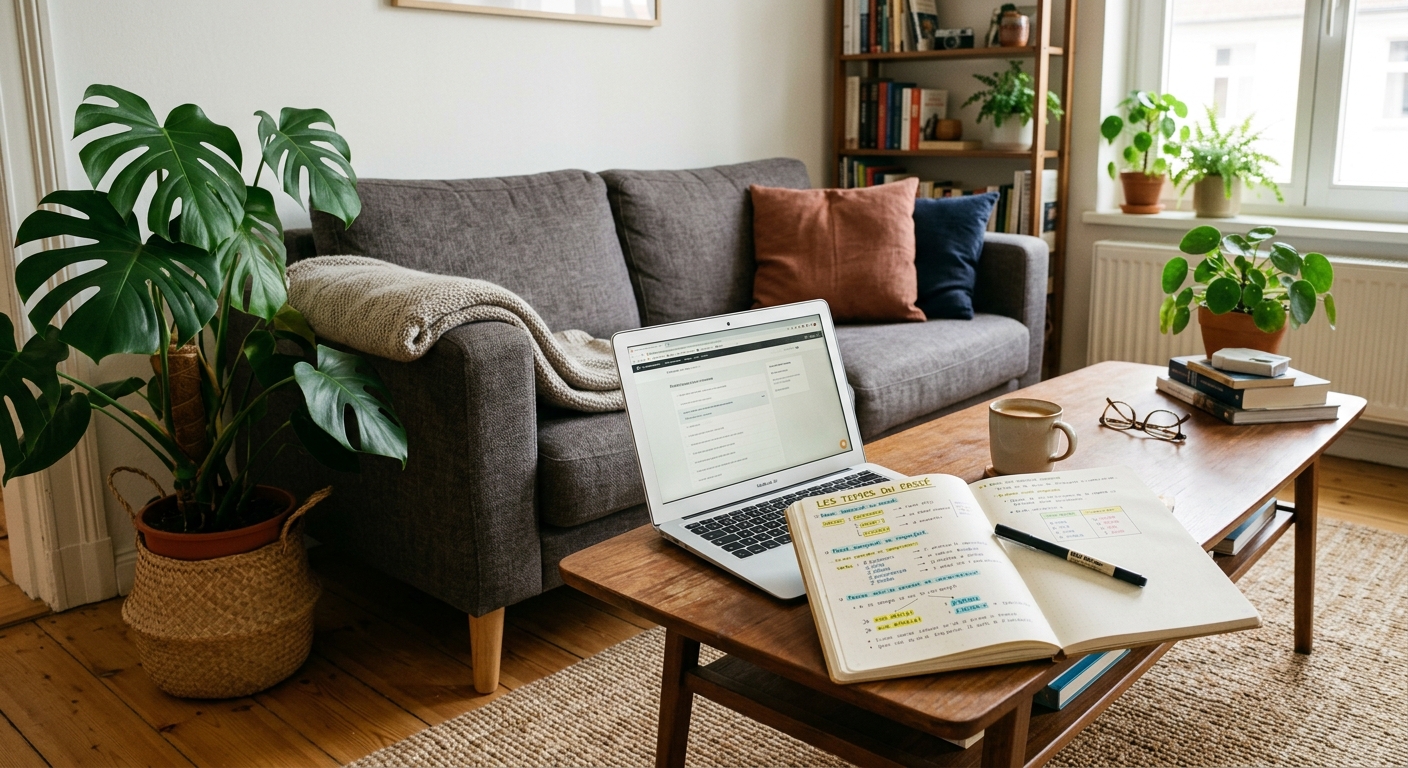 Laptop y cuaderno con patrones gramaticales organizados con marcadores de colores