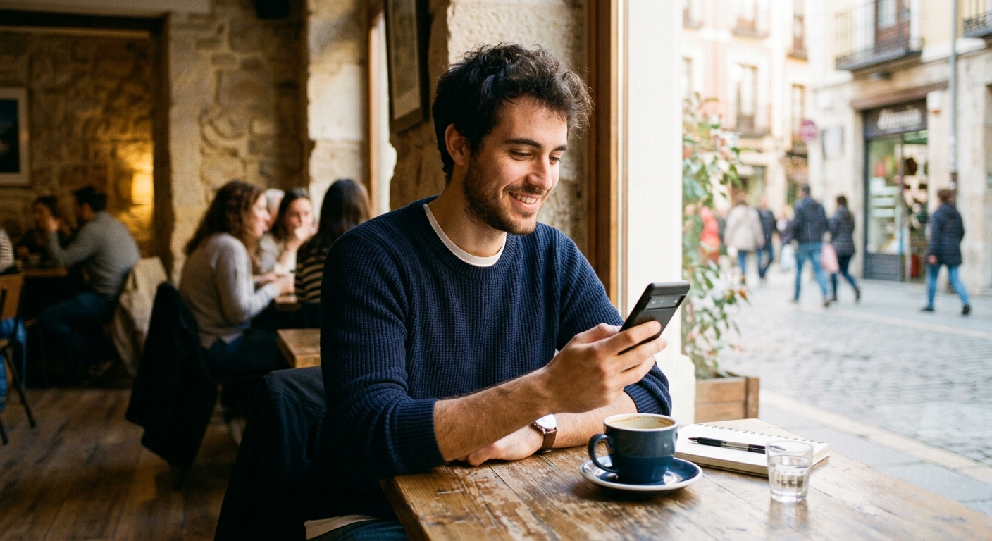 Joven castellano usando app de intercambio de idiomas en una cafetería