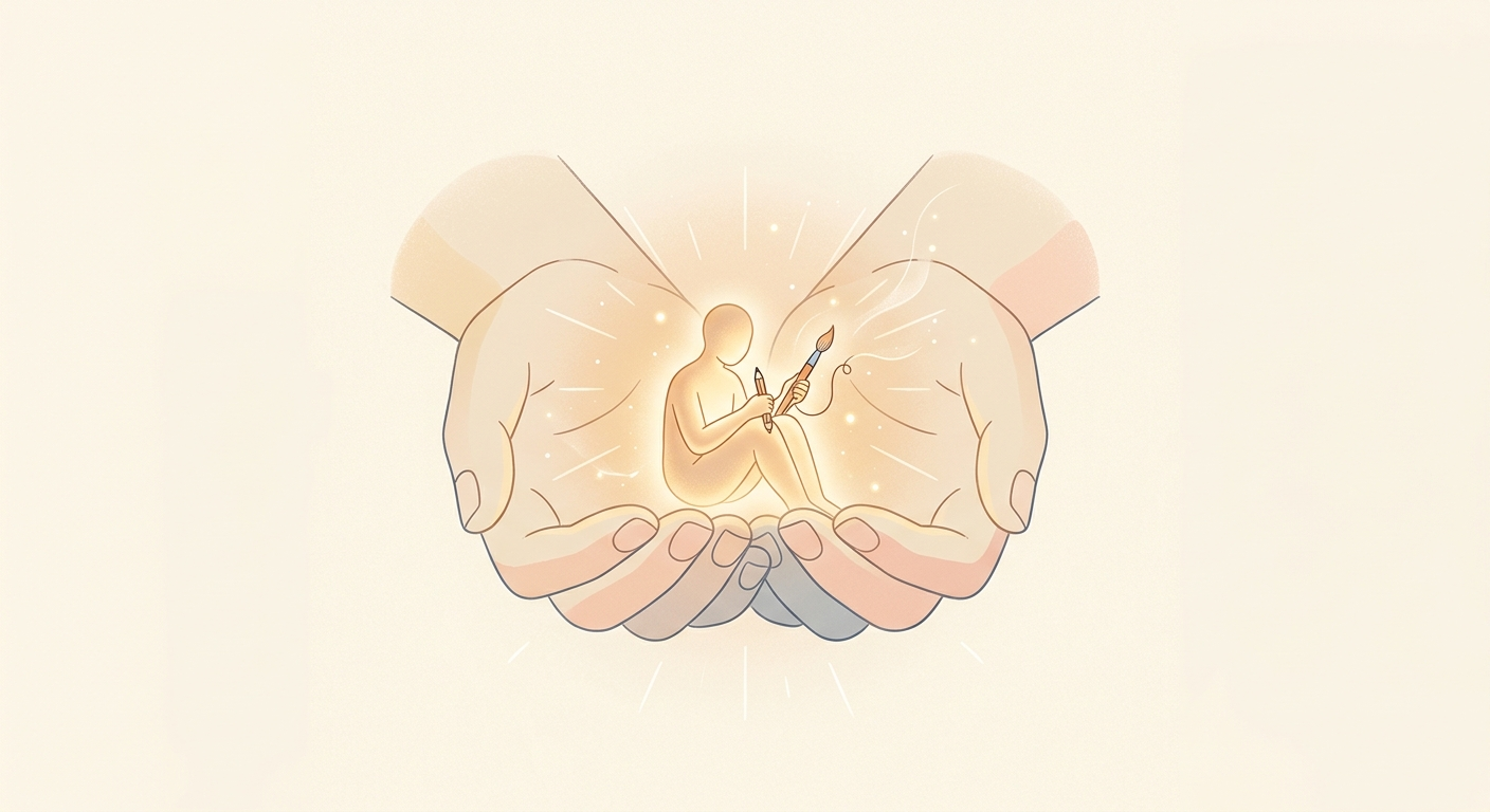 Ilustración minimalista de unas manos protegiendo a una persona que sostiene una herramienta, el Ningen Kokuhō