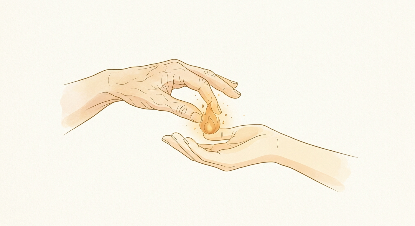 Ilustración minimalista de una mano pasando una llama a otra, la cultura no se preserva: se vive