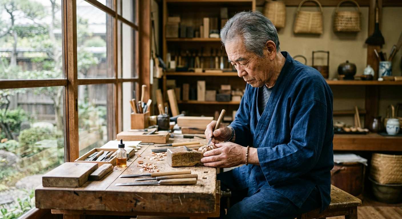 Retrato de un maestro artesano japonés mayor concentrado en su oficio, los rostros del arte japonés