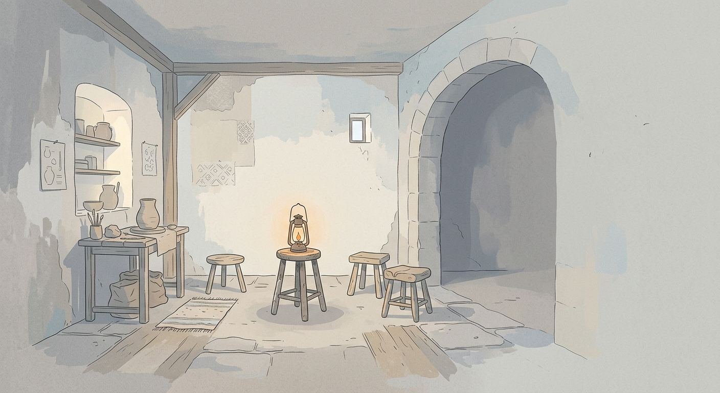 Ilustración minimalista de un taller con una llama débil y banquetas vacías, la crisis de la artesanía en peligro