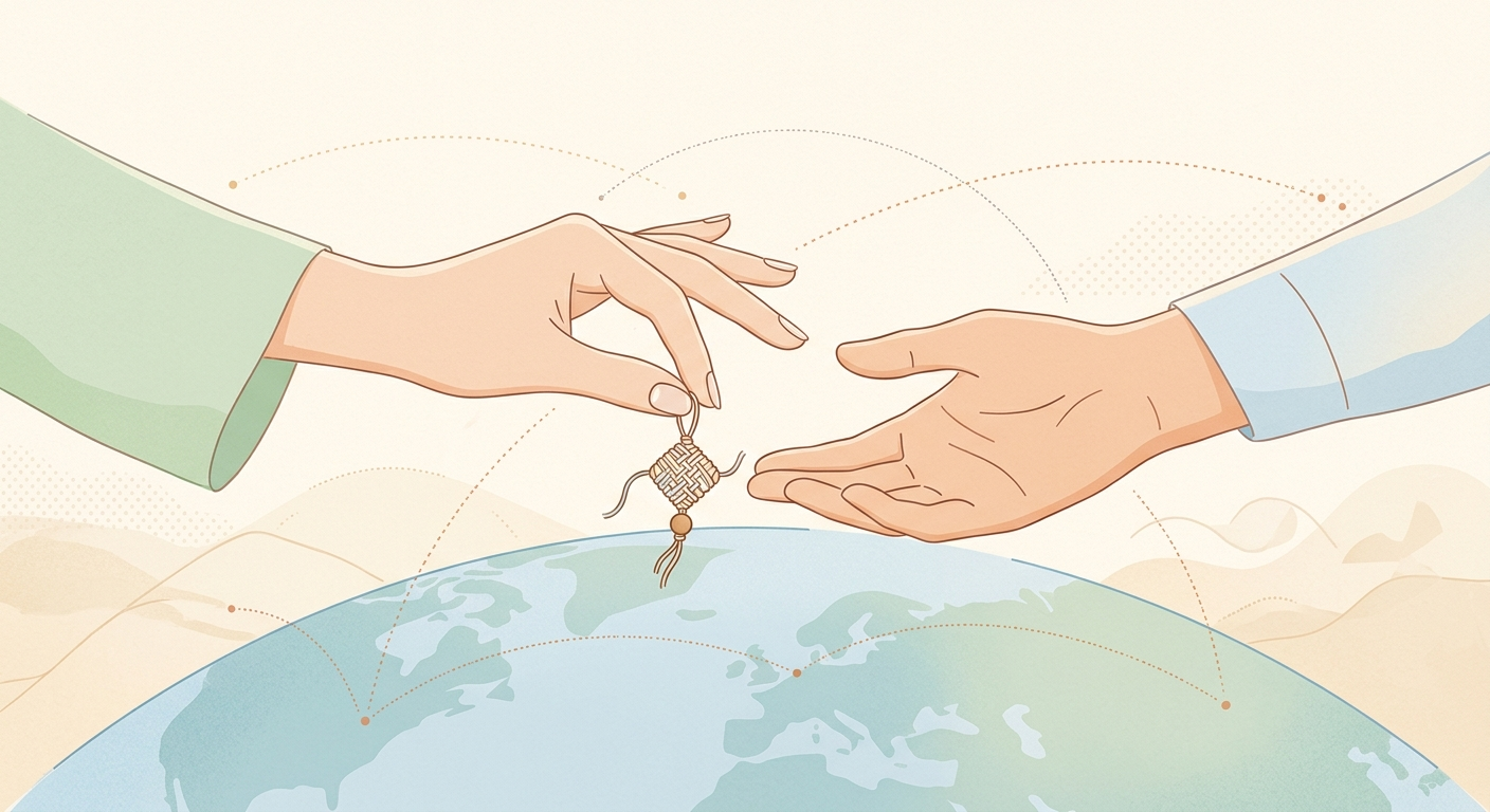 Ilustración minimalista de manos intercambiando un objeto artesanal a través del mundo, el arte sin fronteras