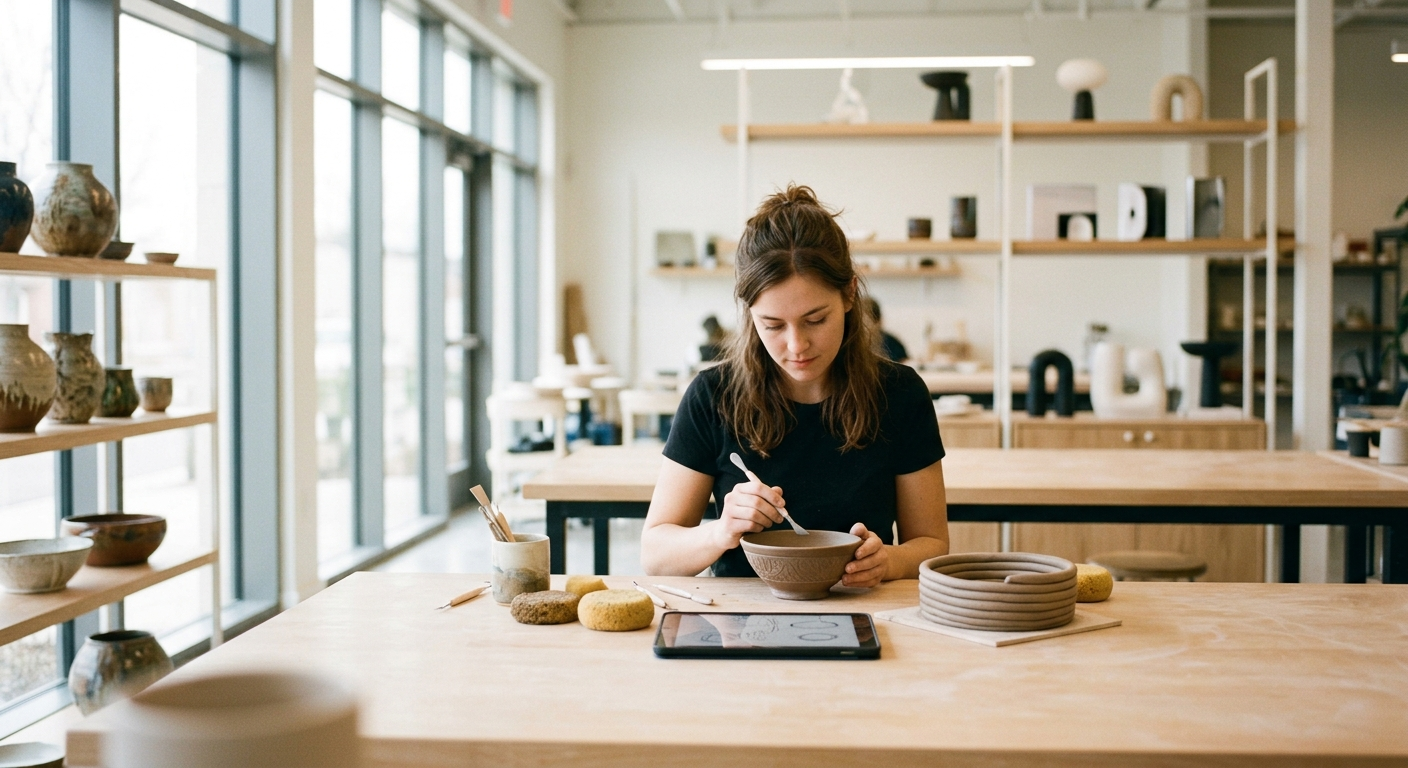 Estudio de artesanía moderno donde un joven combina técnica tradicional y herramientas actuales, el futuro del oficio