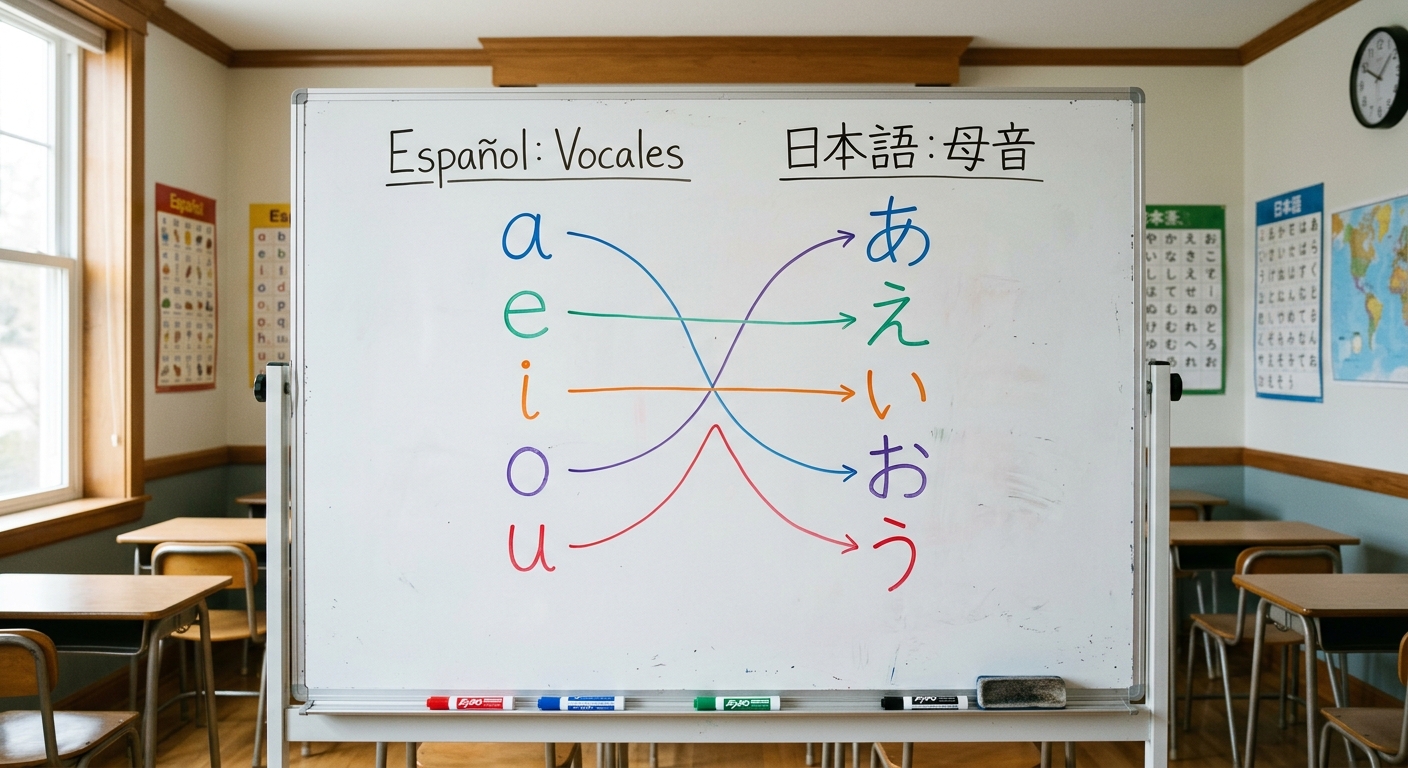 Pizarra de aula con vocales españolas y japonesas conectadas por líneas de colores
