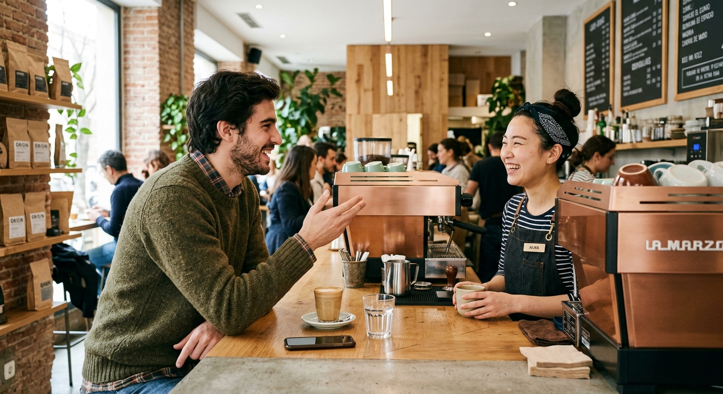 Joven castellano conversando naturalmente con barista japonés en cafetería moderna