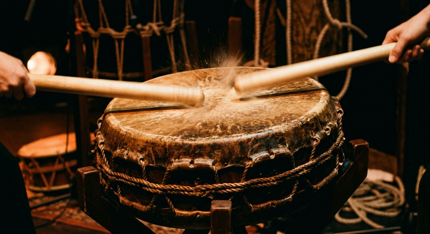 Primer plano de tambor taiko japonés con baquetas en el momento del impacto
