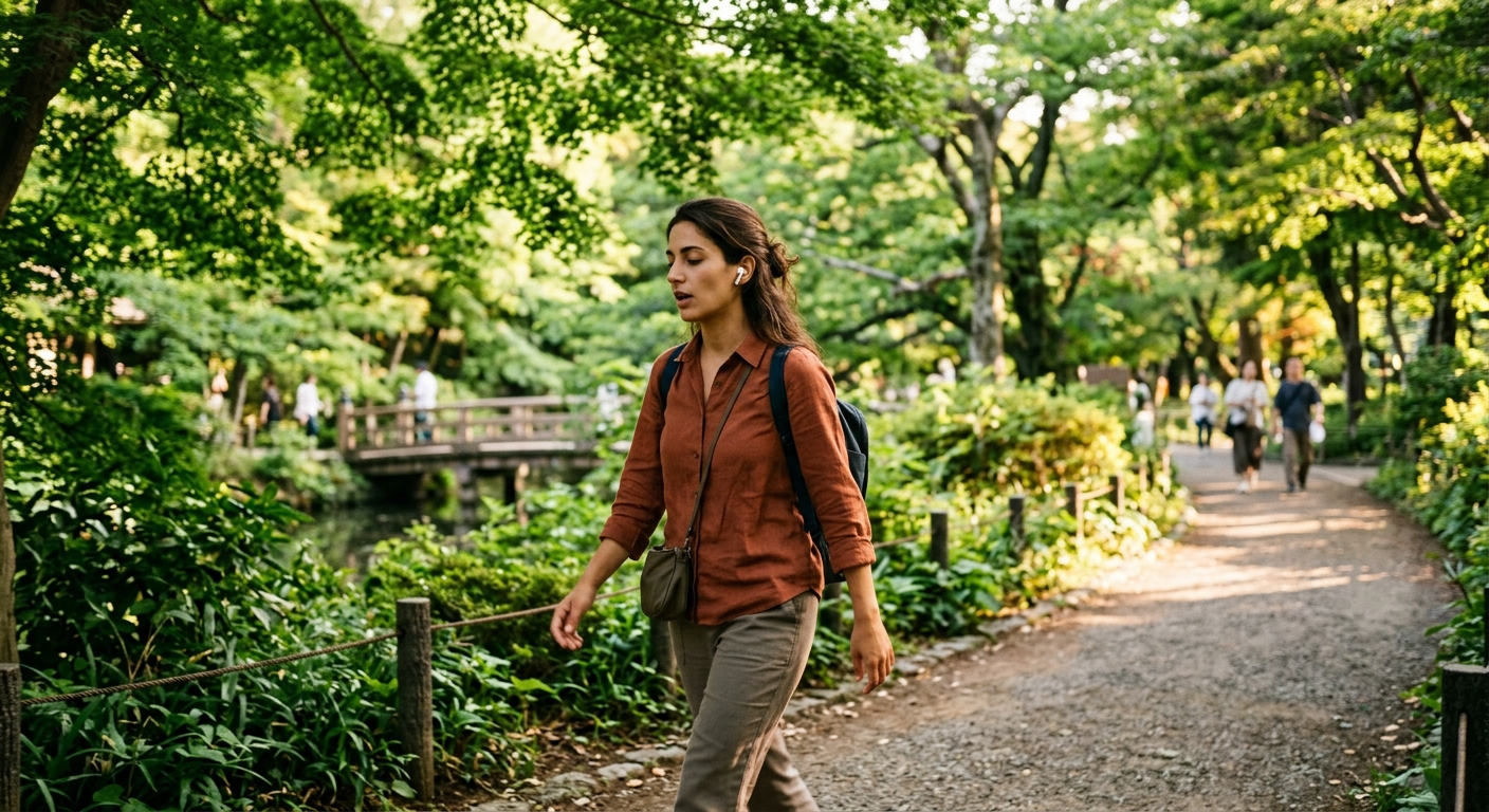 Joven castellana con auriculares inalámbricos practicando shadowing en un parque de Tokio