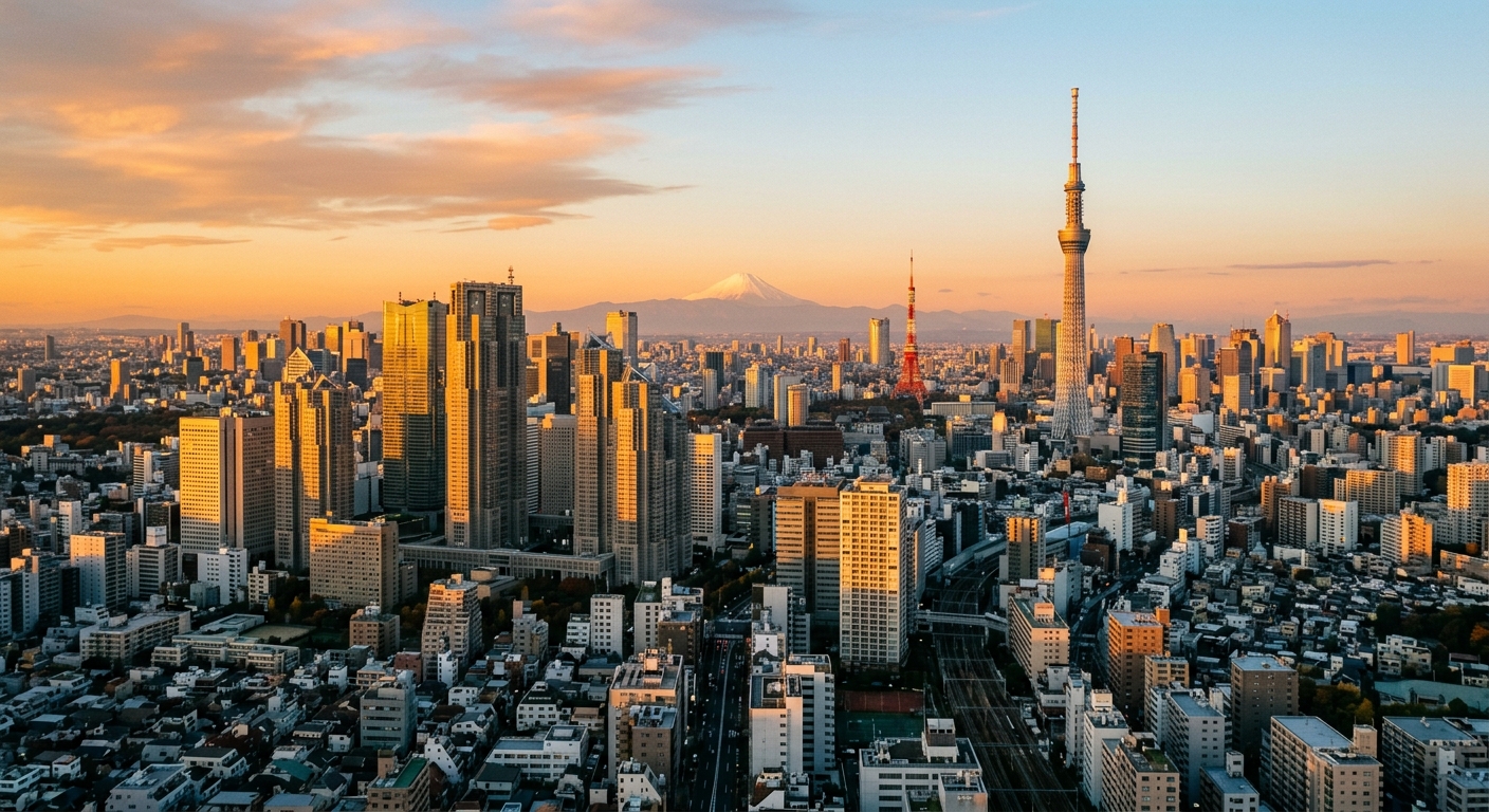 Horizonte de Tokio al amanecer con rascacielos iluminados por luz dorada
