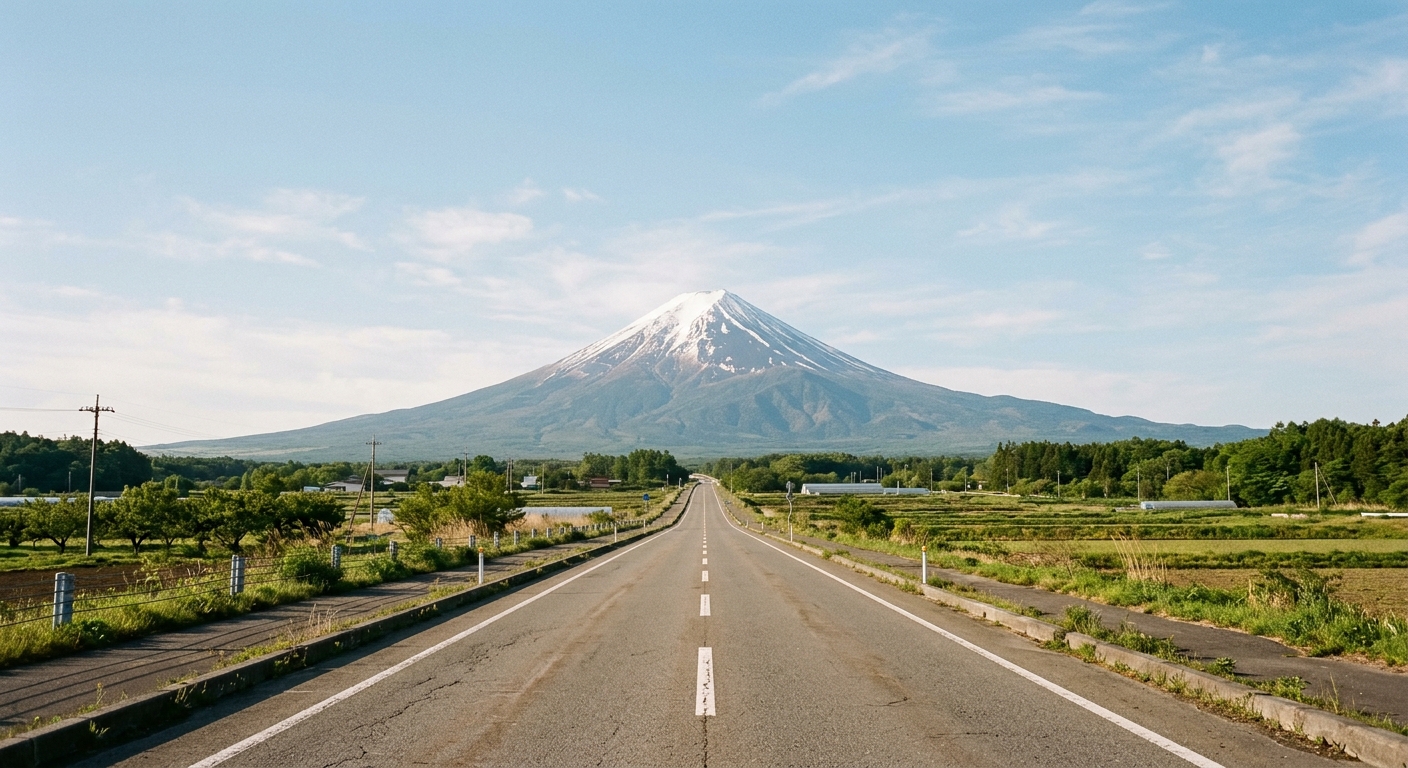 Monte Fuji visto desde lejos con un largo camino que se extiende hacia él