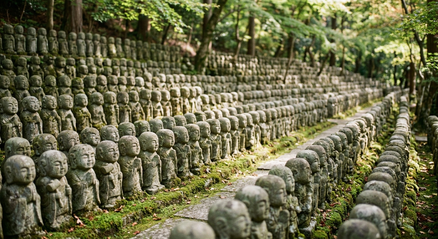 Cientos de pequeñas estatuas budistas de piedra en un templo de Kioto