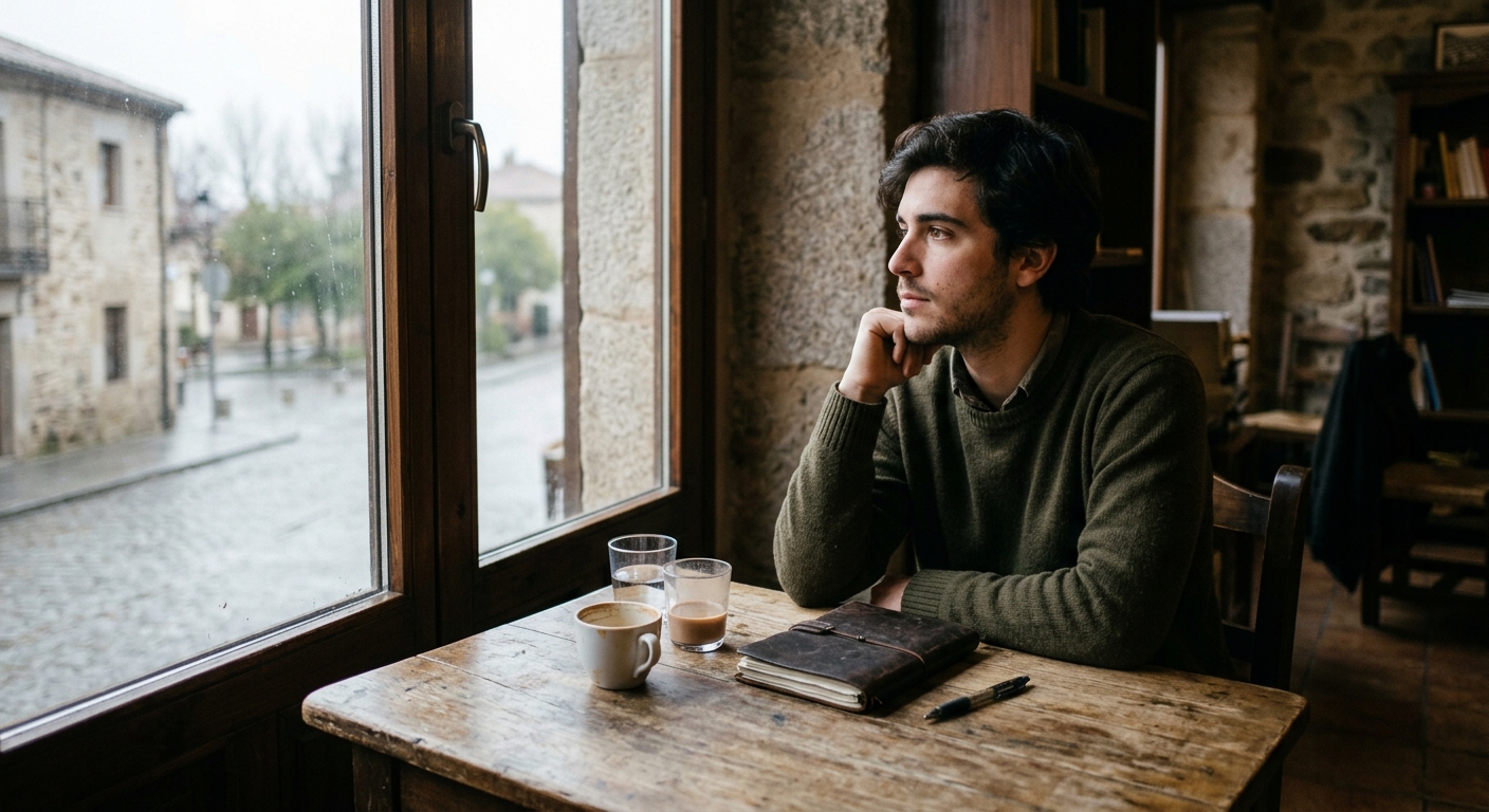 Joven castellano mirando pensativo por la ventana en un día nublado