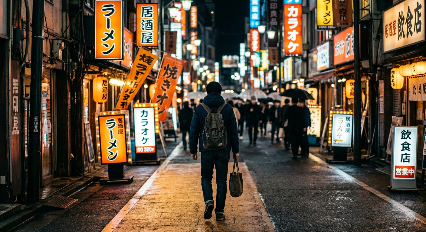 Persona caminando sola de noche por una calle de Tokio con luces de neón