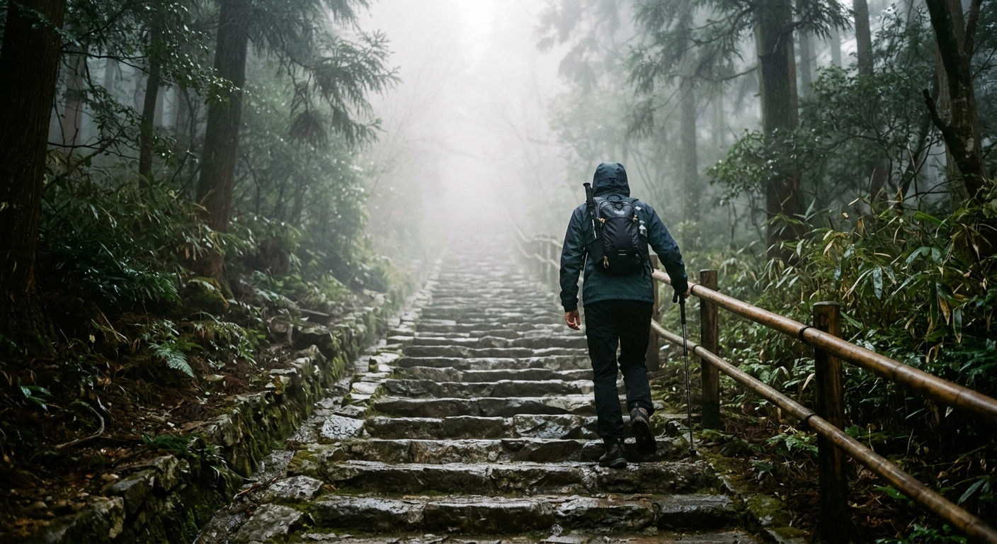 Persona subiendo escalones de piedra en un sendero de montaña envuelto en niebla
