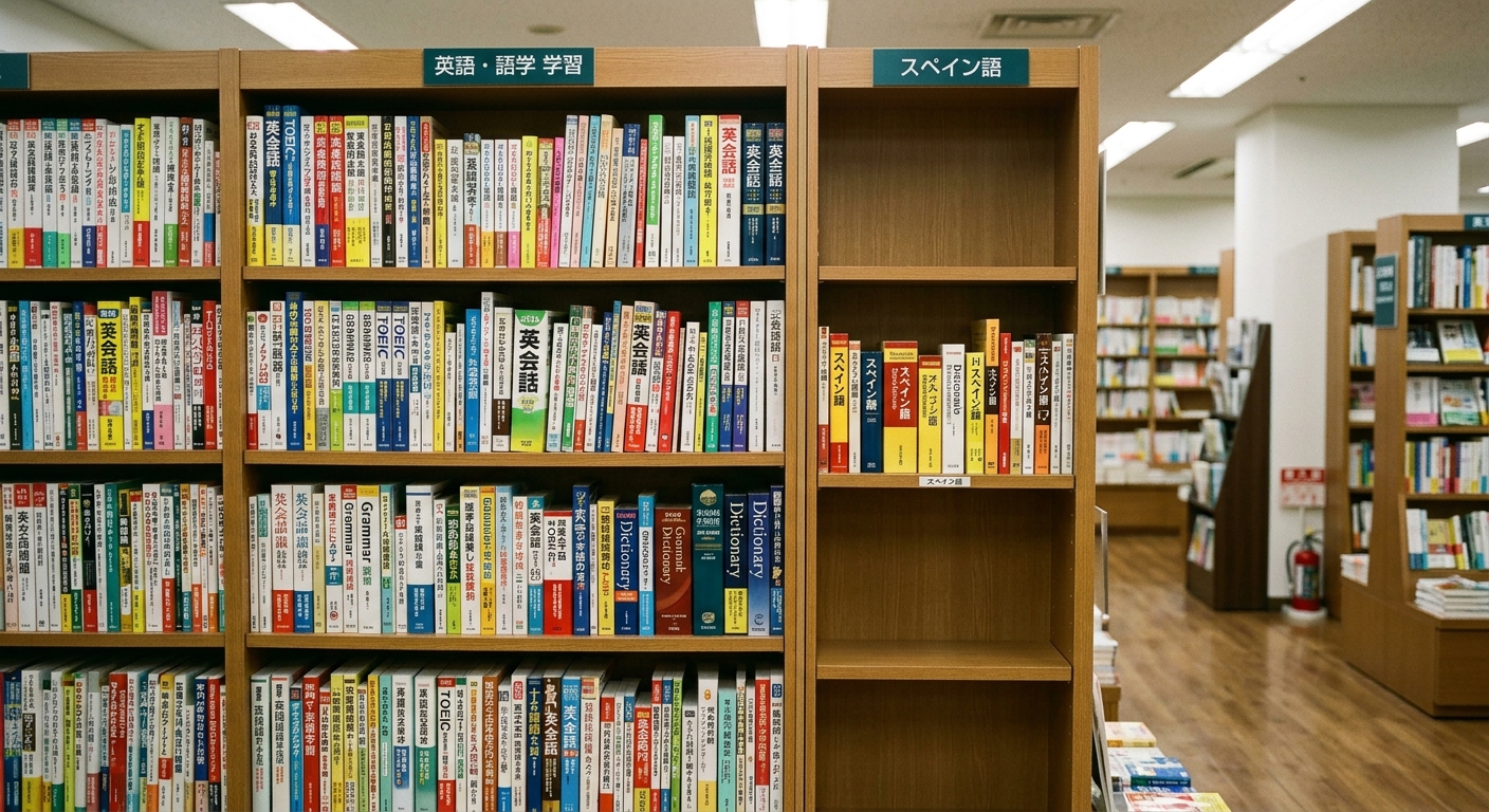 Sección de idiomas de una librería con muchos libros en inglés y pocos en español