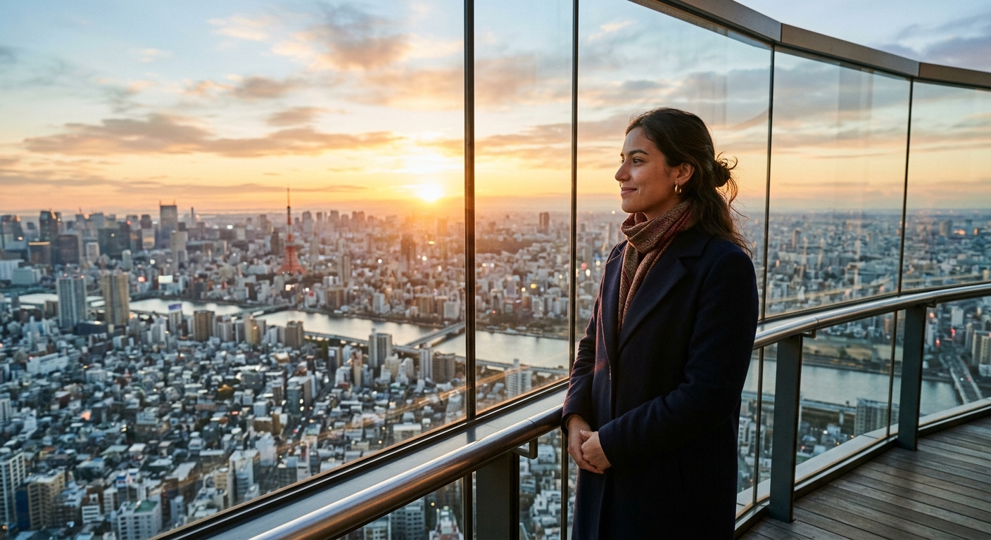 Joven castellana contemplando Tokio al amanecer desde el mirador del Skytree