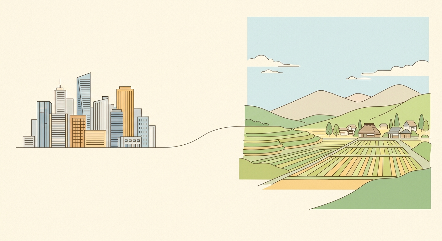 Ilustración minimalista contrastando la ciudad y el campo japonés, definiendo el chihō
