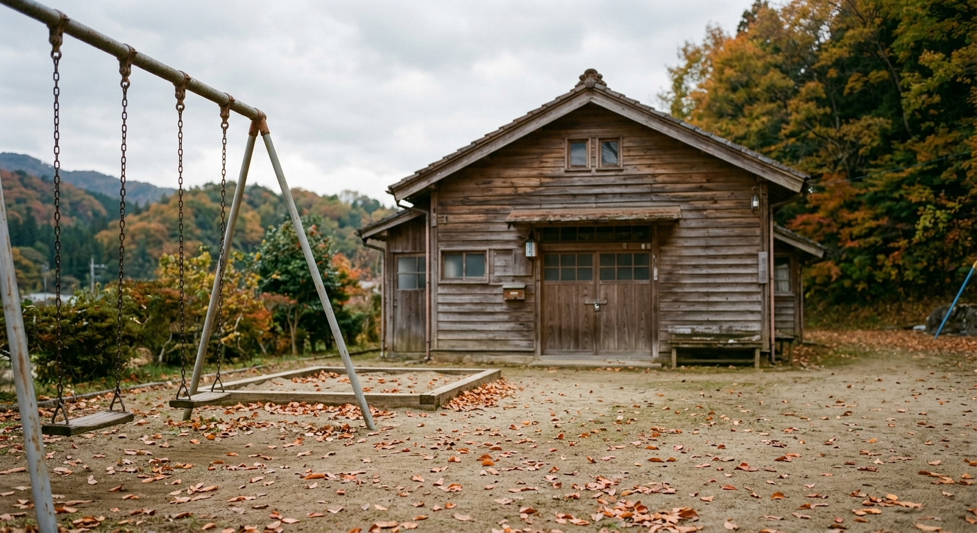 Patio vacío de una pequeña escuela rural con columpios quietos, la despoblación del Japón rural
