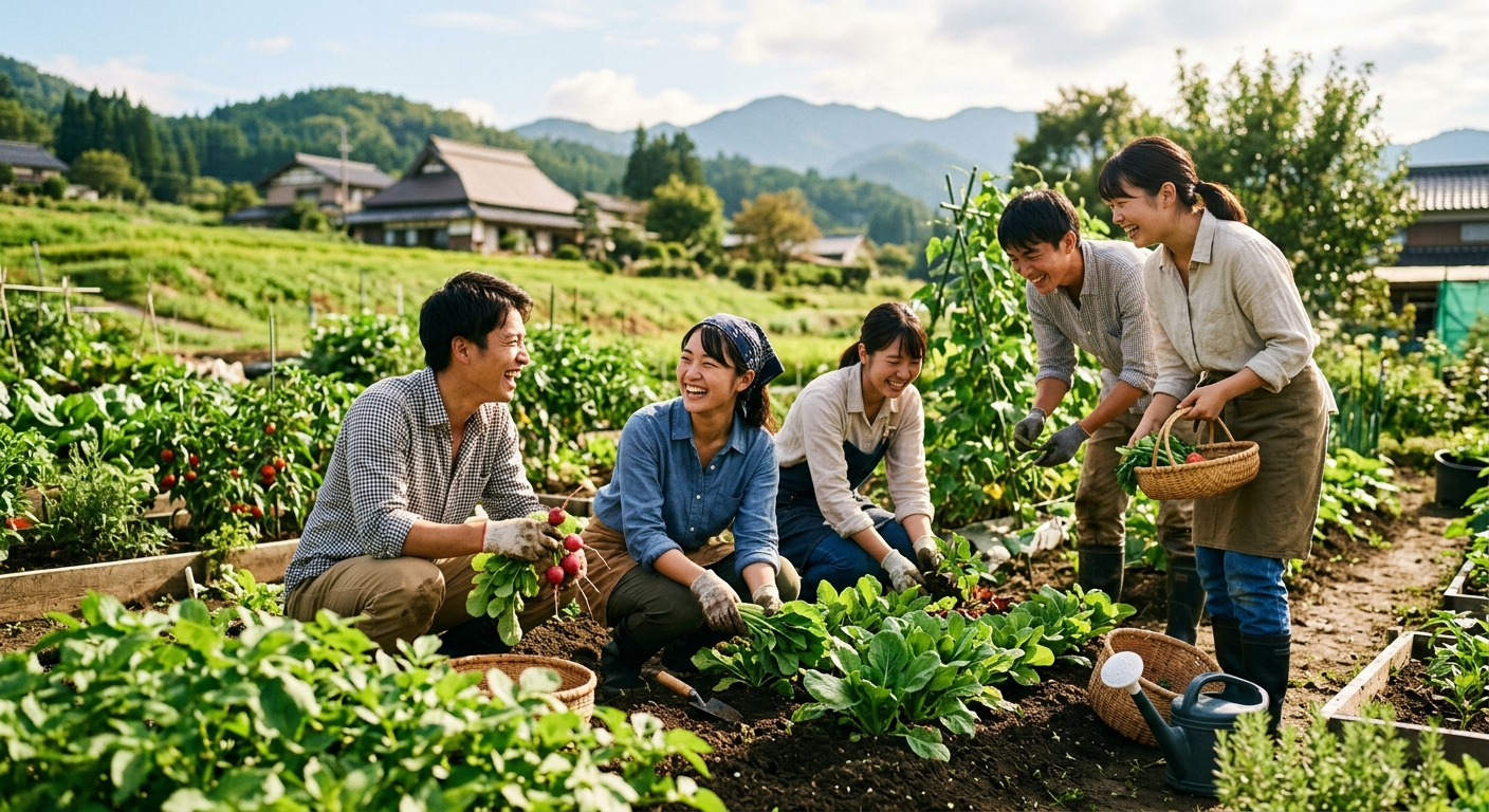 Jóvenes trabajando juntos en un proyecto comunitario rural, Chihō Sōsei: la revitalización regional
