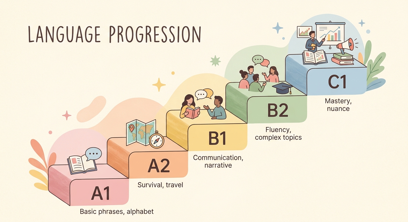 Ilustración de escalera con niveles A1 a C1 en colores pastel ascendentes
